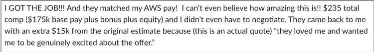 Got the job: $235K total comp, $175K base plus bonus and equity, matched AWS pay