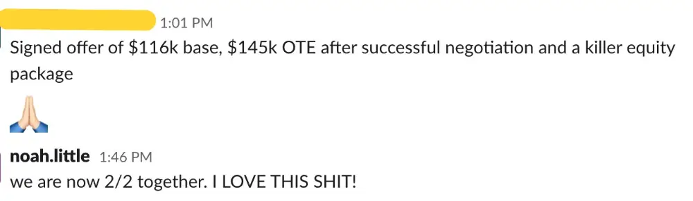 Signed offer: $116K base, $145K OTE
