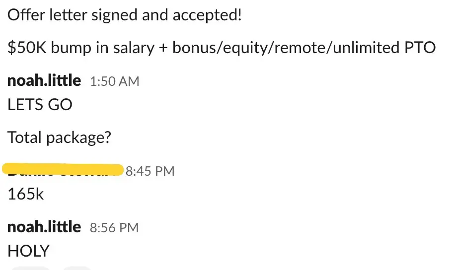 Offer signed: $50K salary bump, $165K package